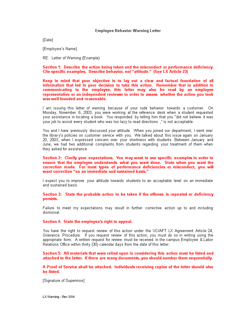 employee behavior warning letter modèles