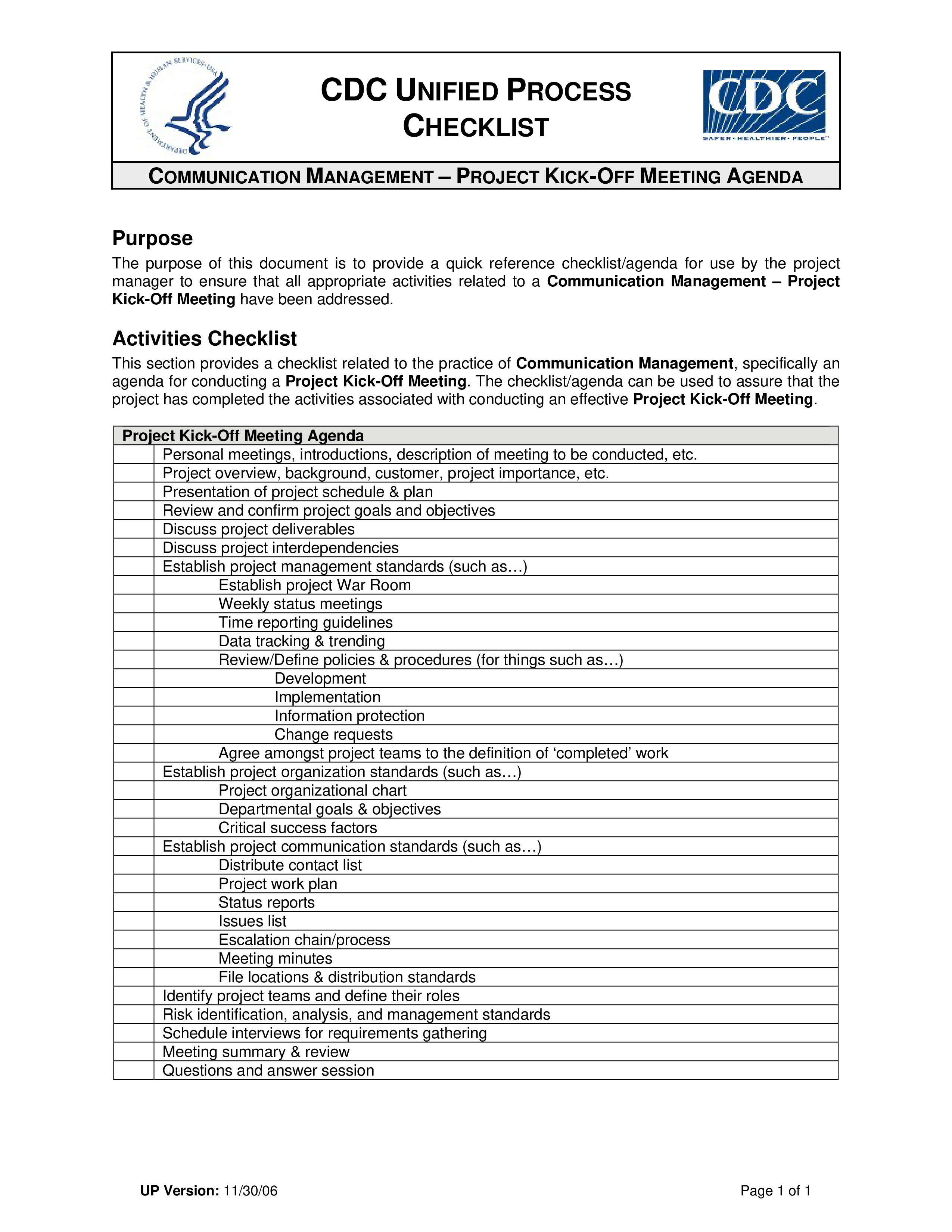 Project Kick Off Meeting Agenda Checklist Templates At