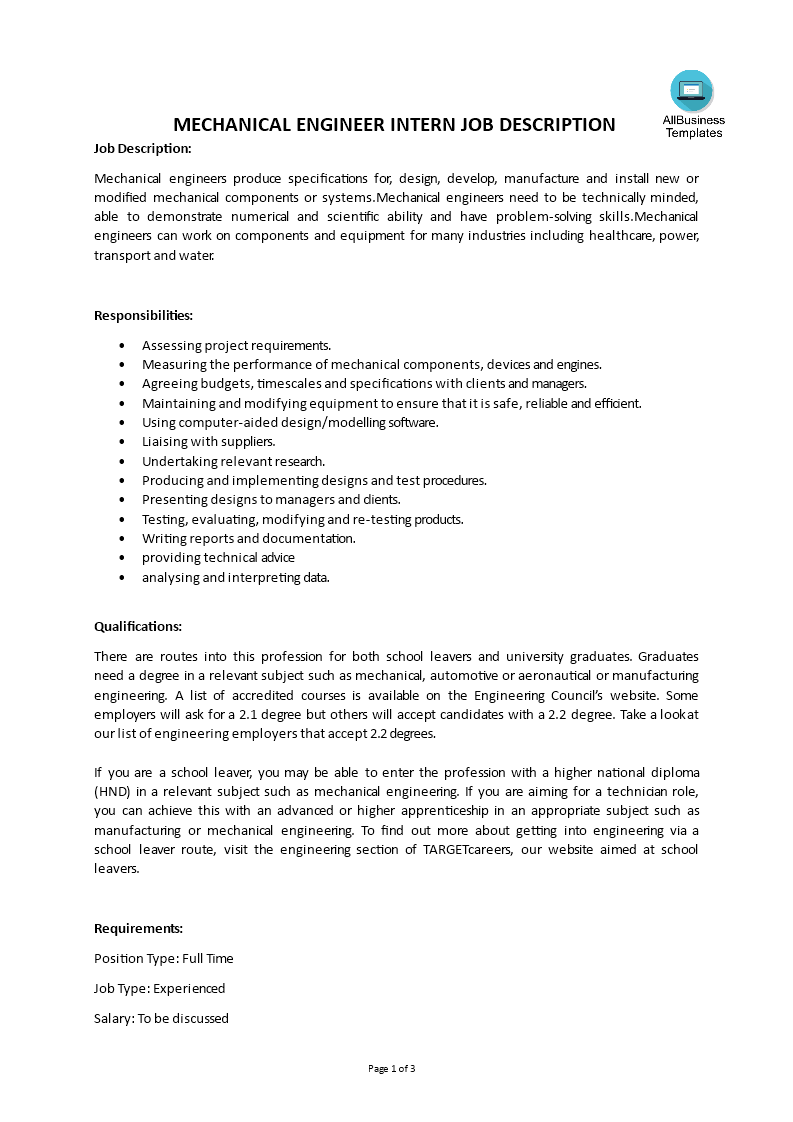 mechanical engineer intern job description template