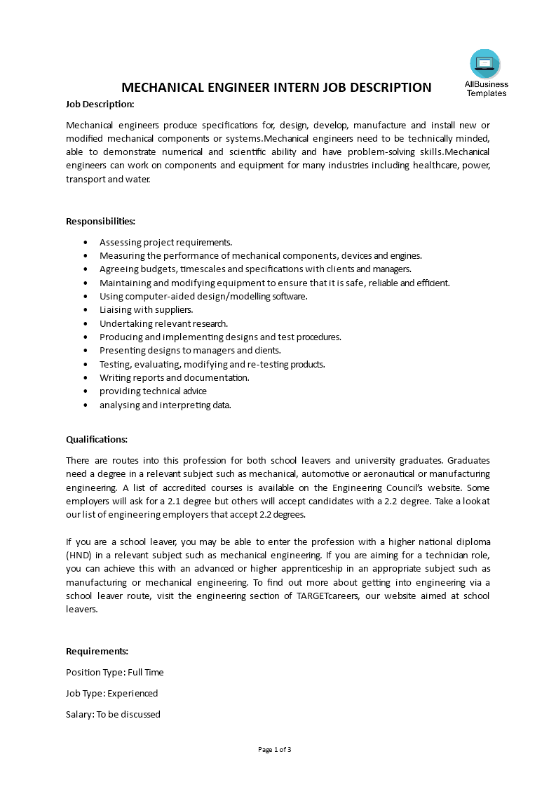 Mechanical Engineer Intern Job Description main image