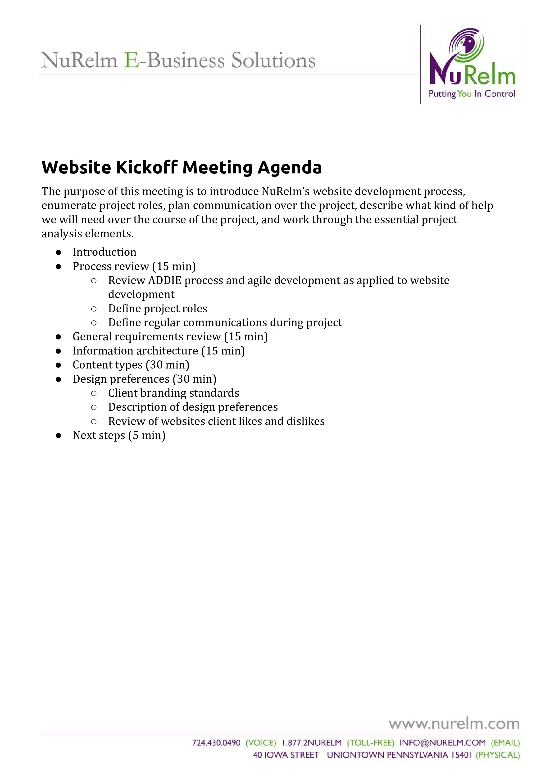 website kickoff meeting agenda modèles