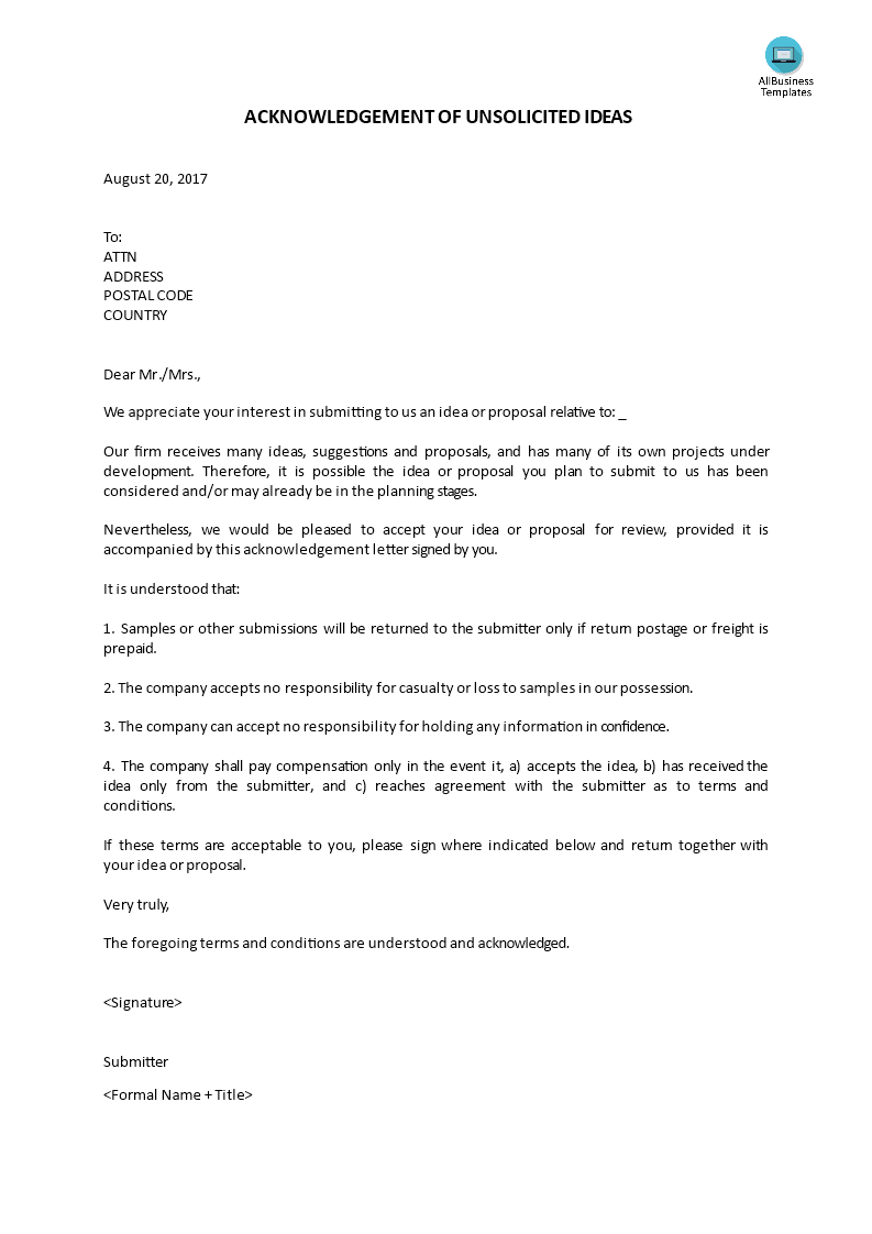 acknowledgement letter unsolicited ideas template