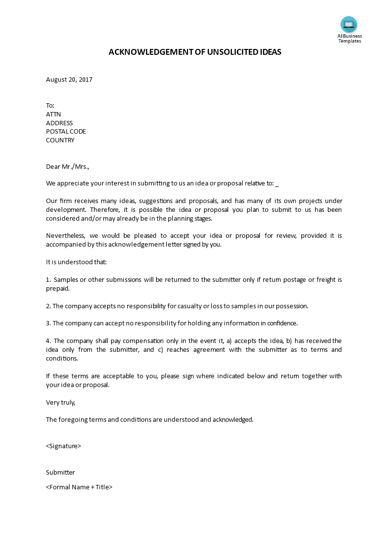 acknowledgement letter unsolicited ideas voorbeeld afbeelding 