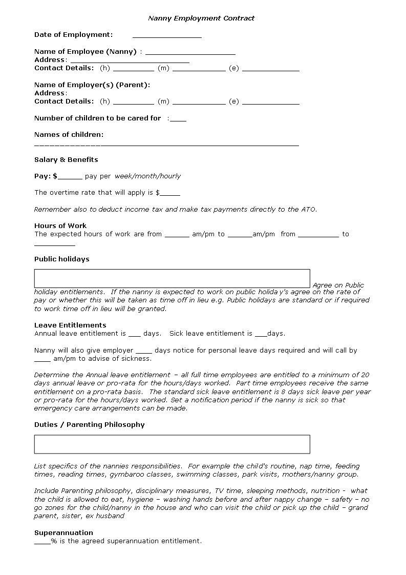 nanny contract template template