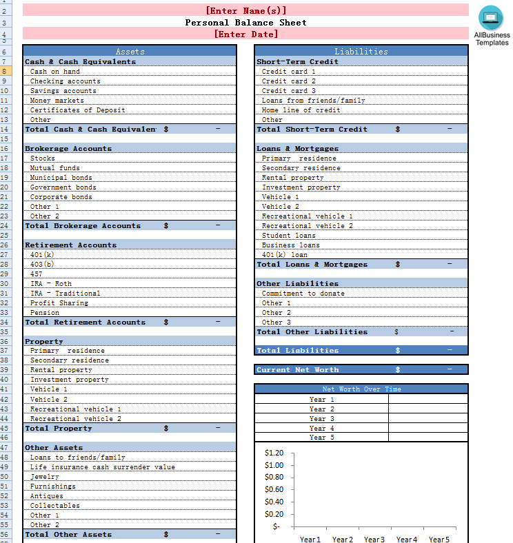 Personal Balance Sheet Excel Template 模板