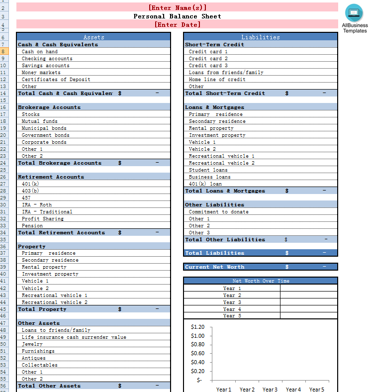 personal balance sheet excel template Hauptschablonenbild