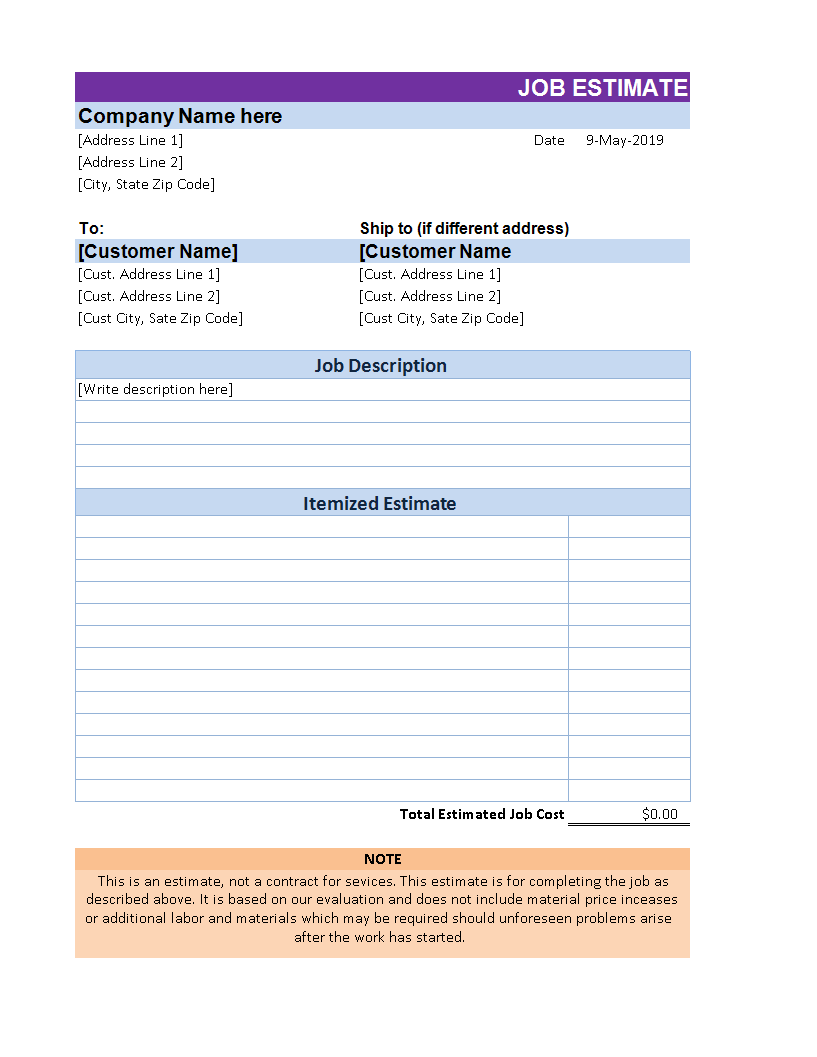 estimate template worksheet excel voorbeeld afbeelding 