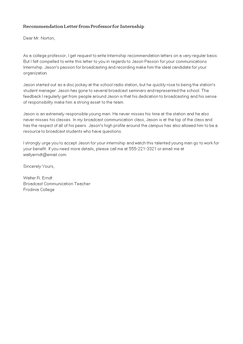 recommendation letter from professor for internship Hauptschablonenbild