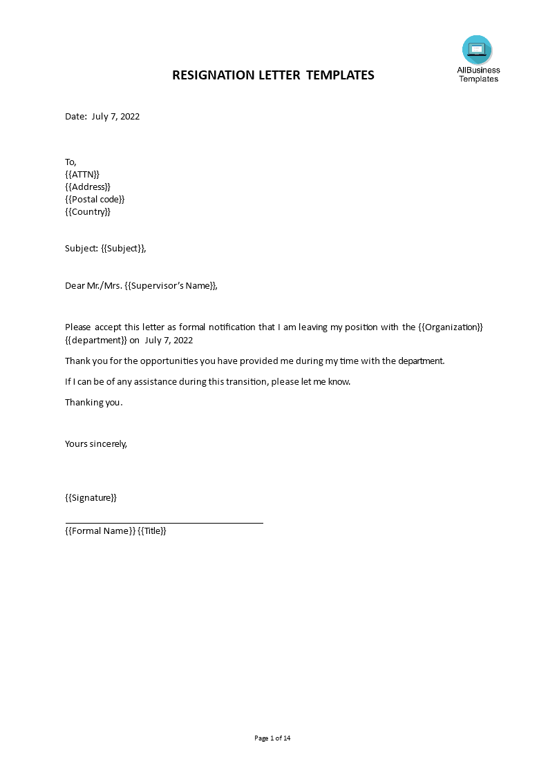 formal resignation letter format modèles