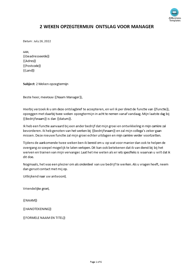 twee weken opzegtermijn ontslagbrief voor manager template