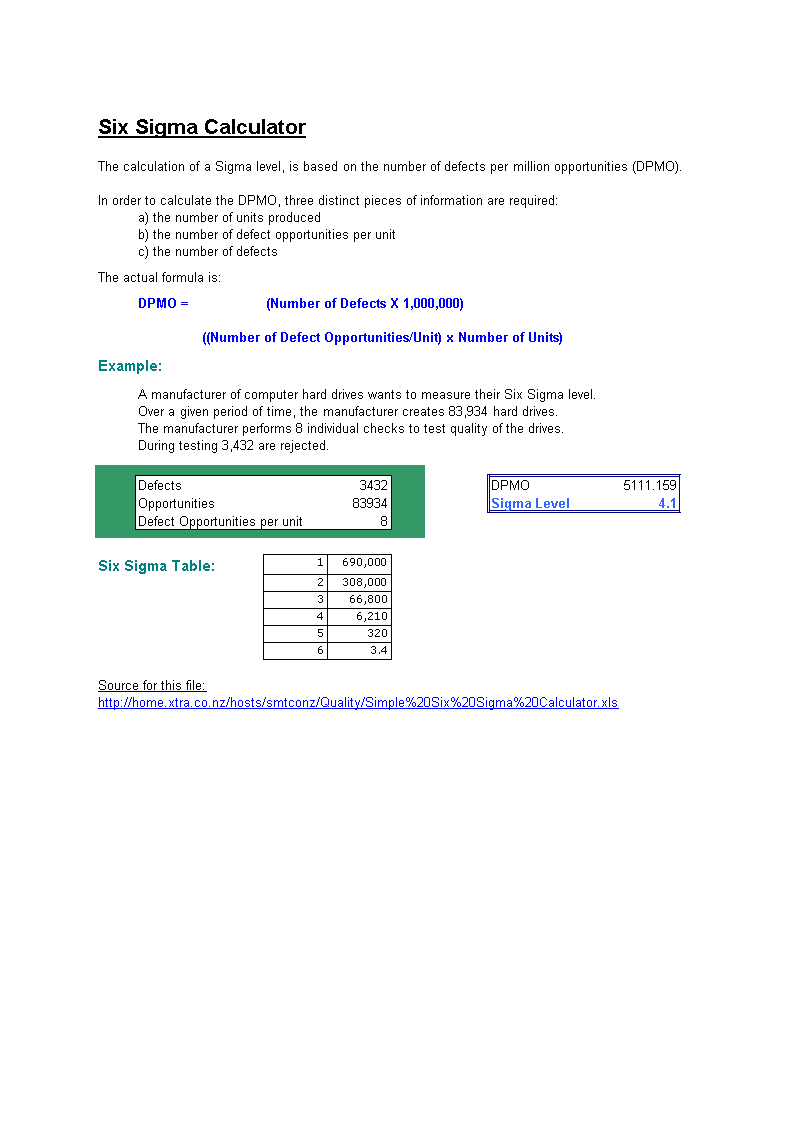 six sigma calculator plantilla imagen principal