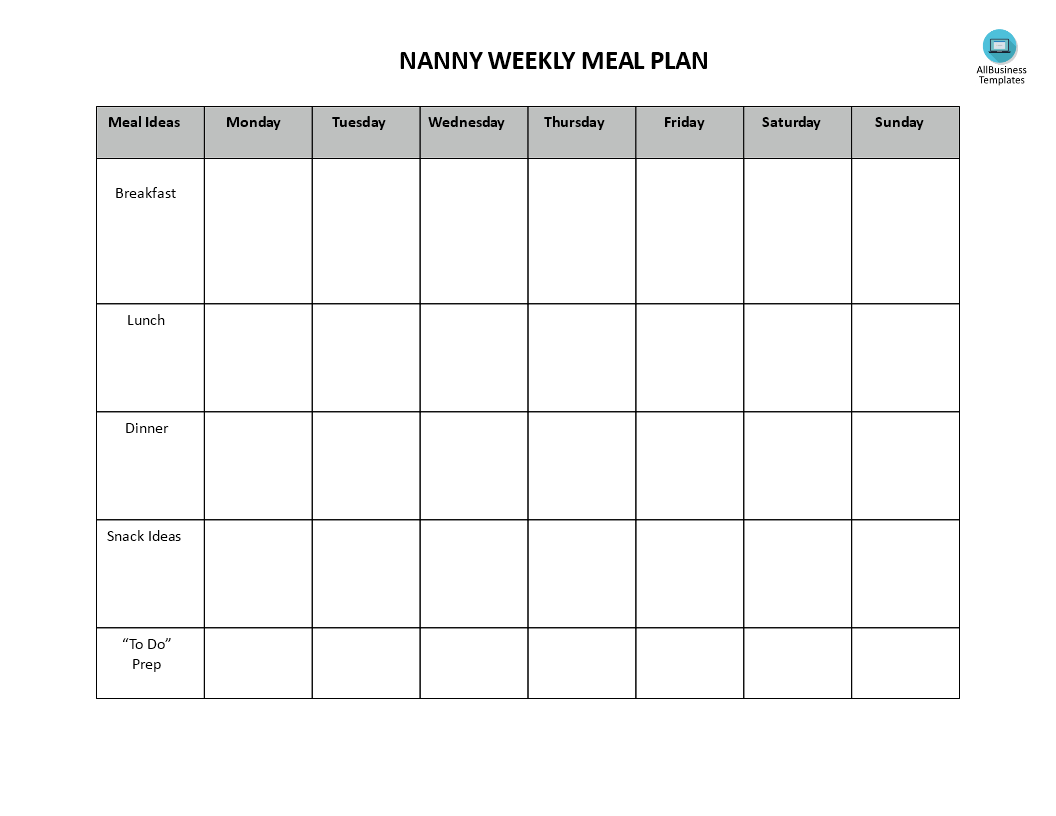 nanny weekly meal plan modèles