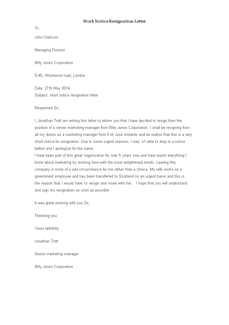 senior marketing manager short notice resignation letter modèles