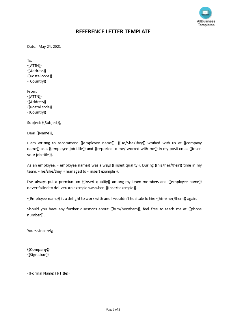 Kostenloses Reference Letter template