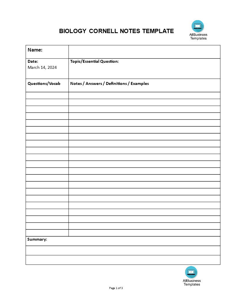 biology cornell notes word modèles