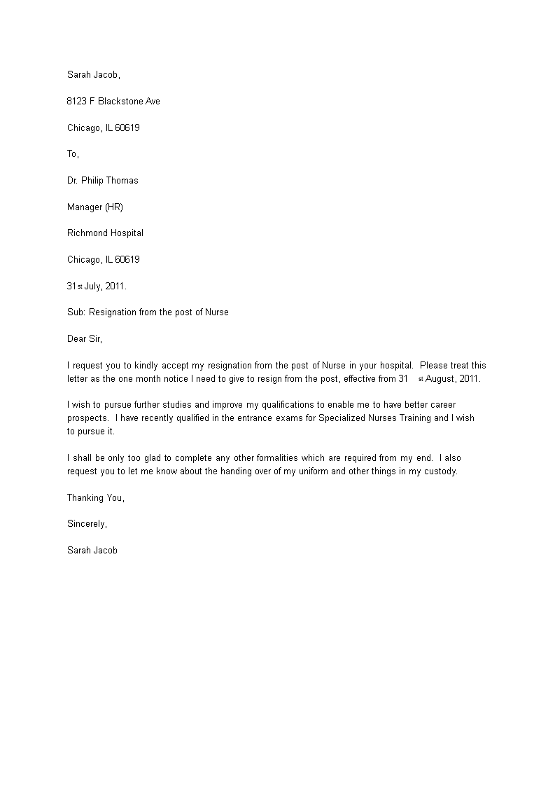 Resignation Letter Example for Nurse 模板