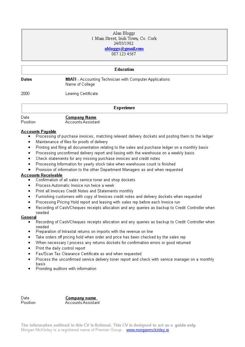 resume format for junior accountant in word