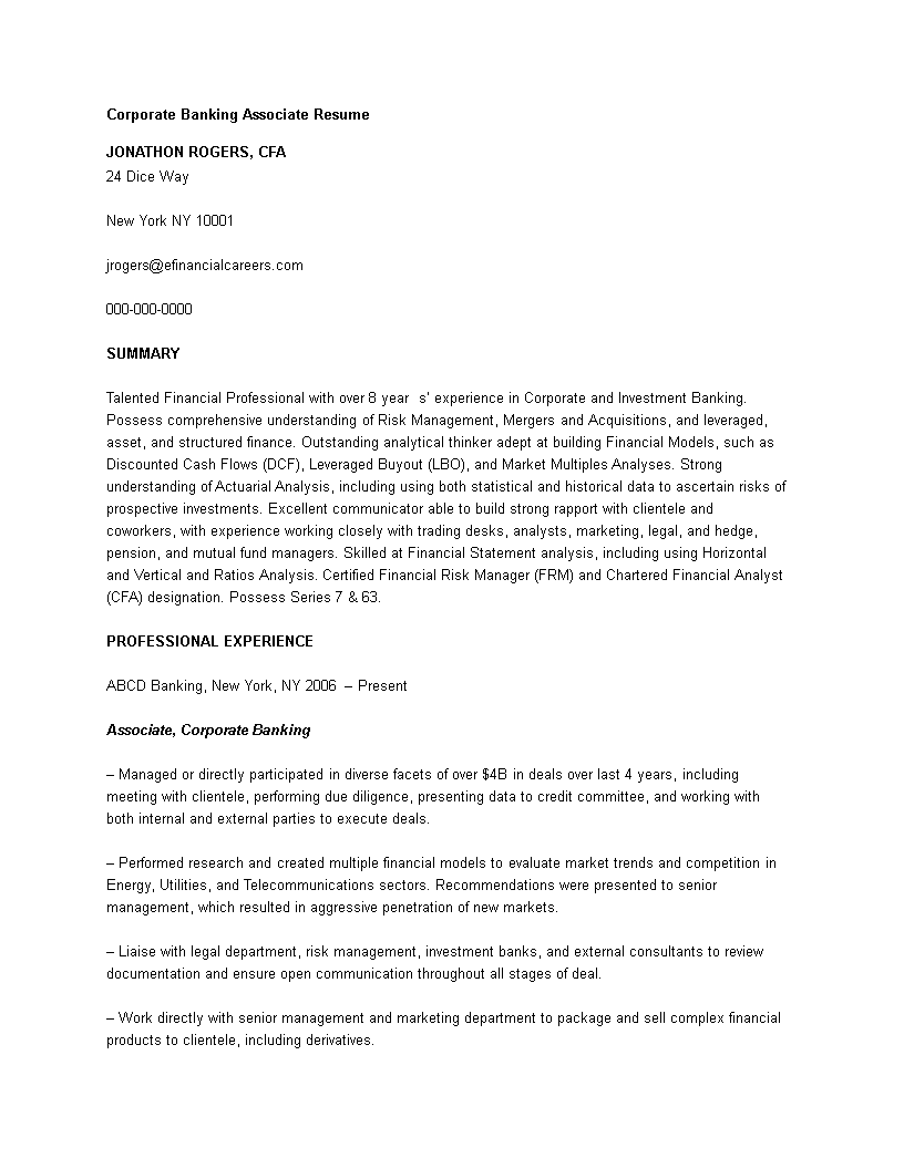 Corporate Banking Associate Resume main image