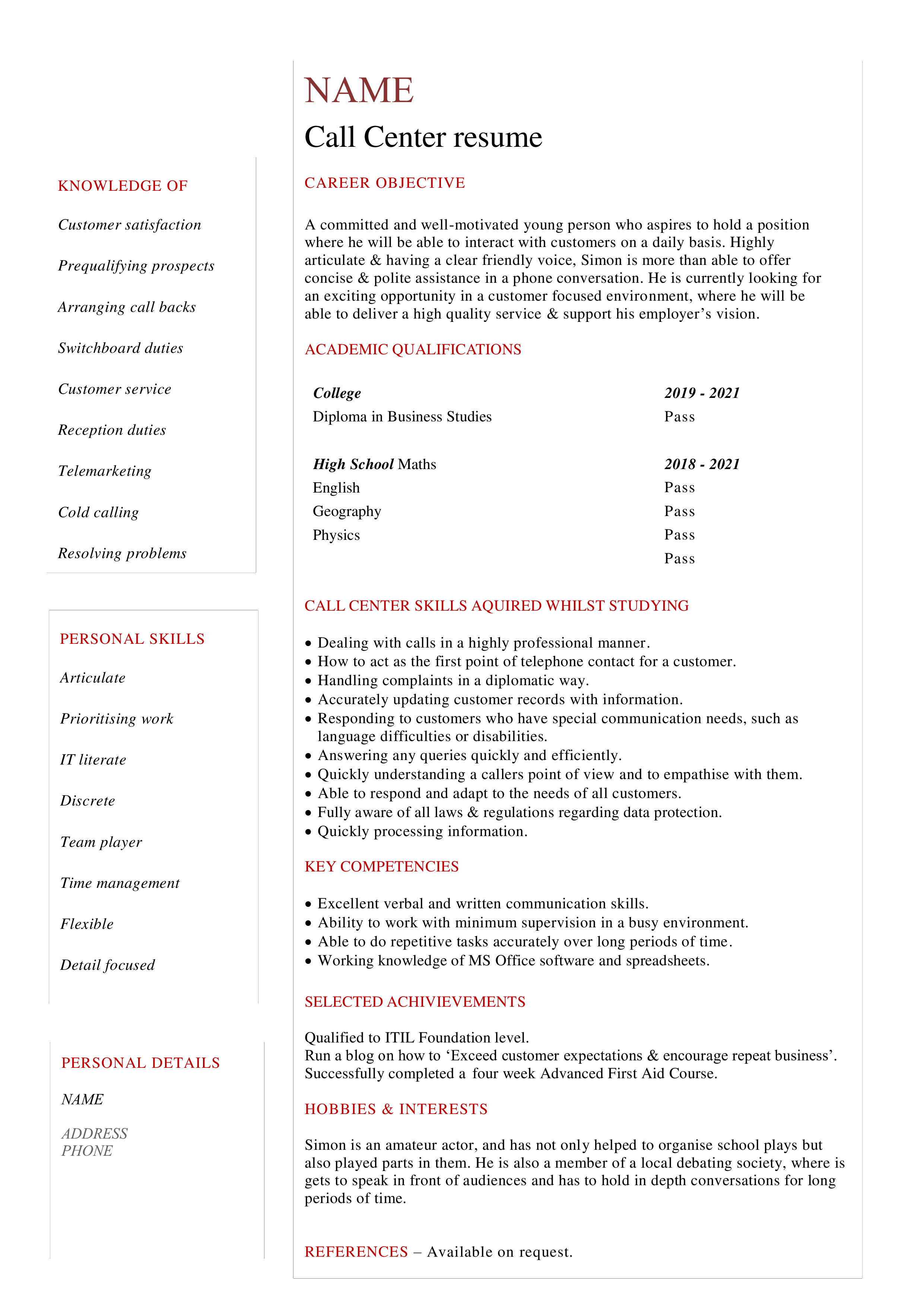 call center resume modèles