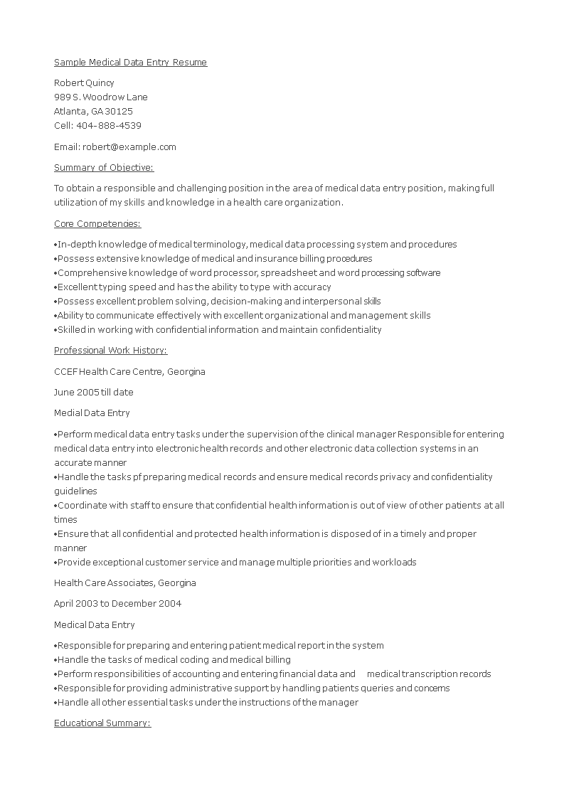 sample medical data entry resume Hauptschablonenbild