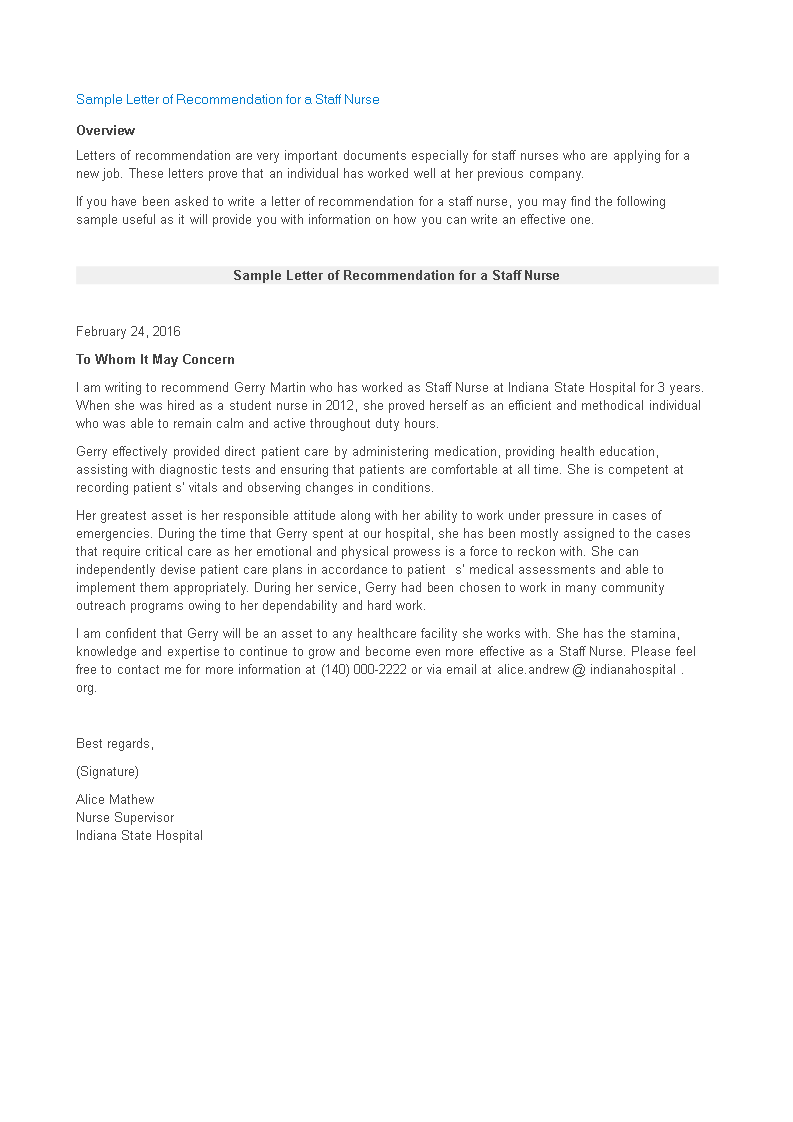 letter of recommendation for a nursing job template