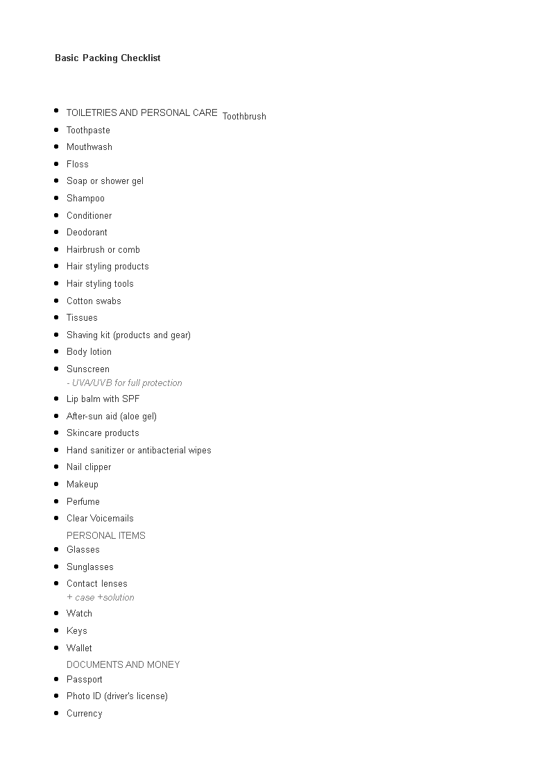 basic packing checklist template