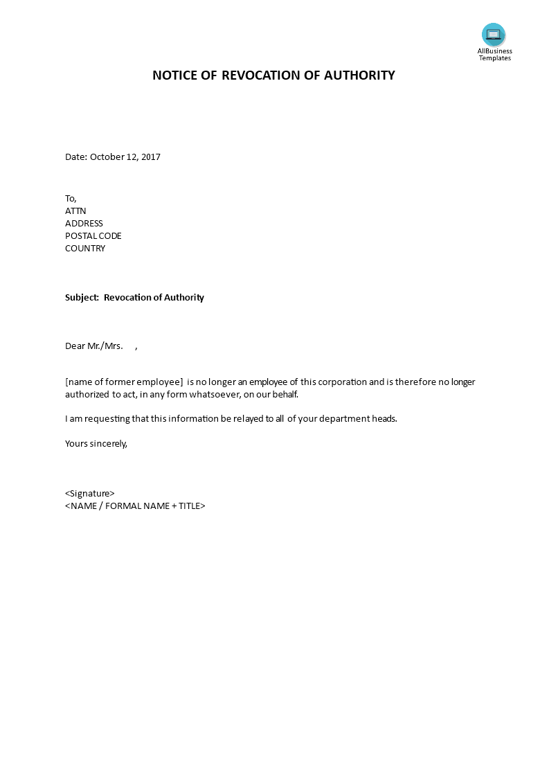 notice of revocation of authority Hauptschablonenbild