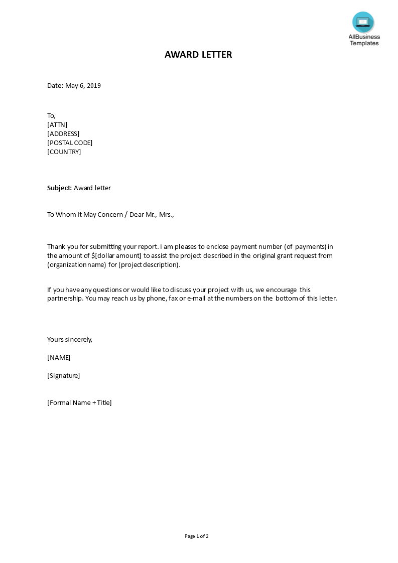 Grant Award Letter Template