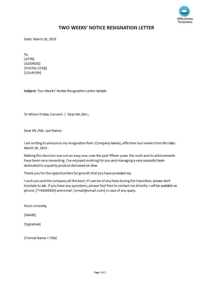 Two Week Notice Letter To Employer from www.allbusinesstemplates.com