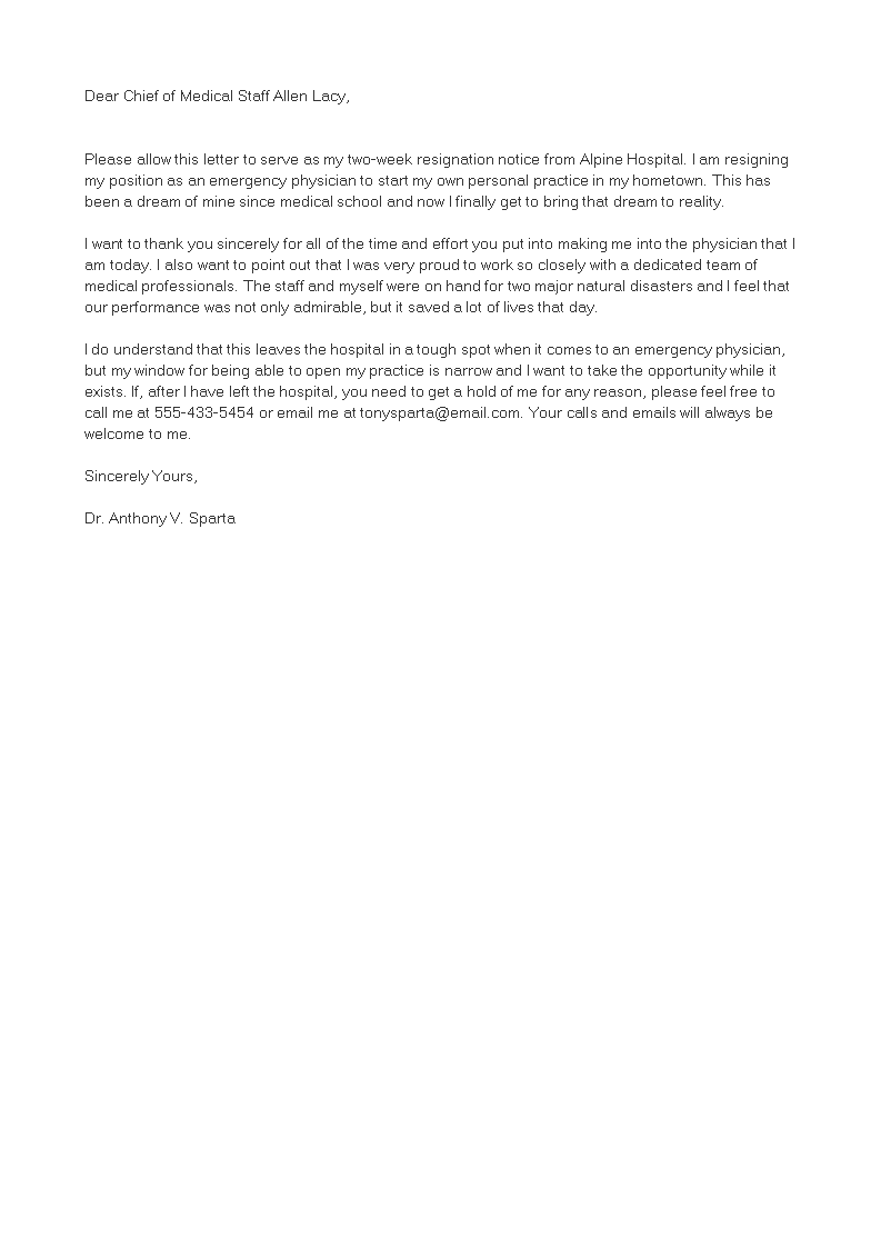 professional medical resignation letter template