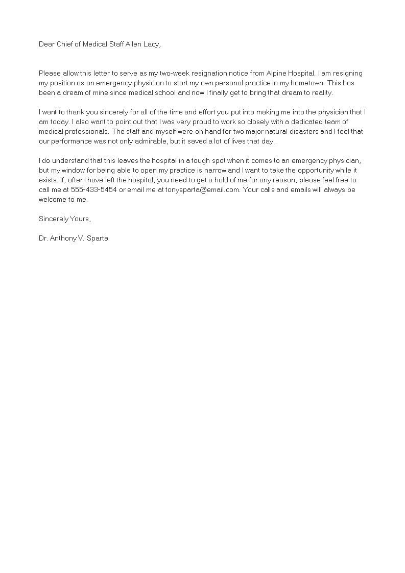 professional medical resignation letter modèles