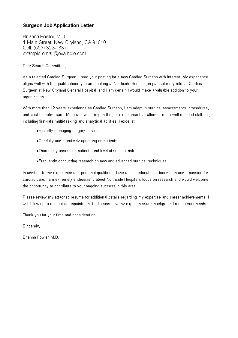 surgeon job application letter template