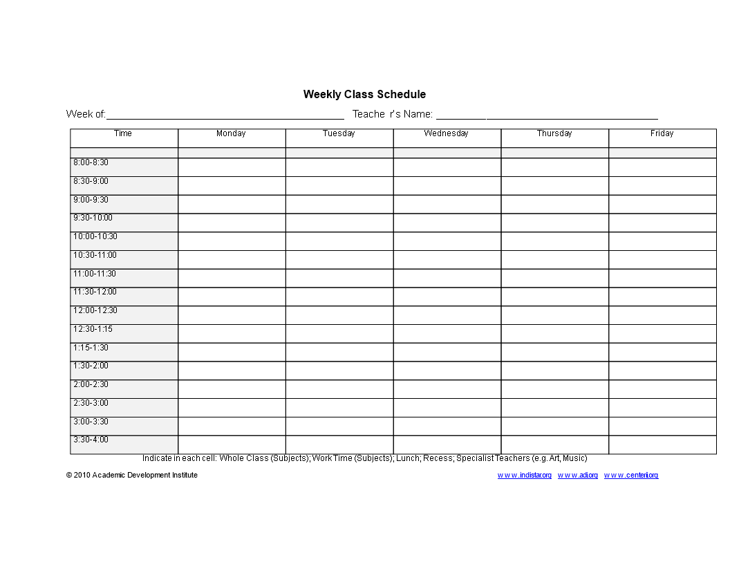 weekly class schedule template voorbeeld afbeelding 