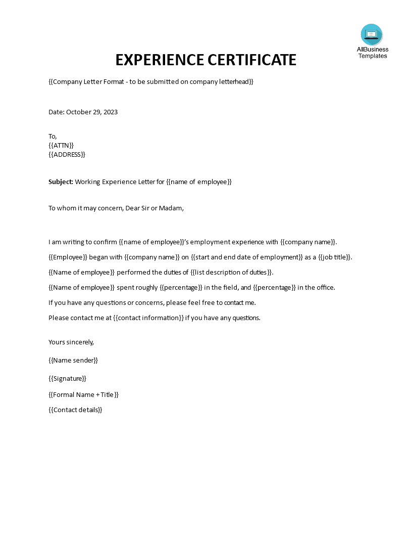 Kostenloses Experience Letter From Employer