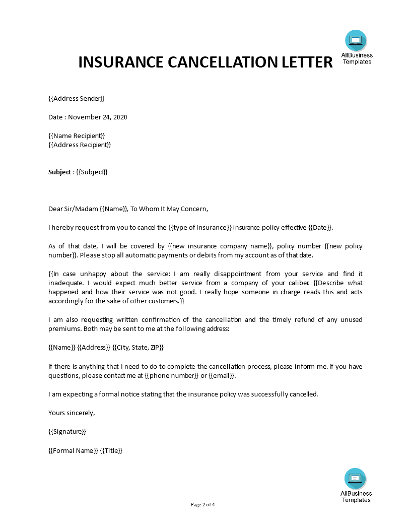 cancellation letter insurance policy template