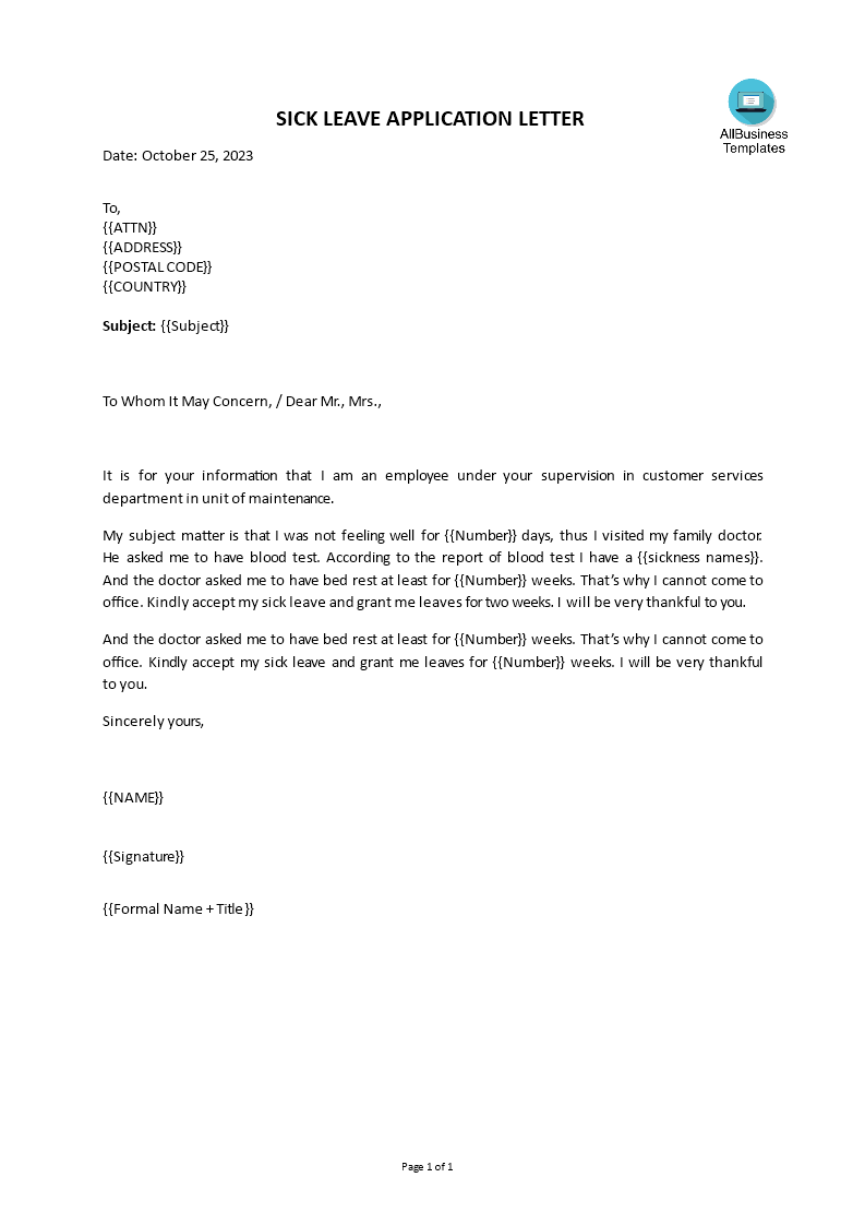 application letter for leave to head of department