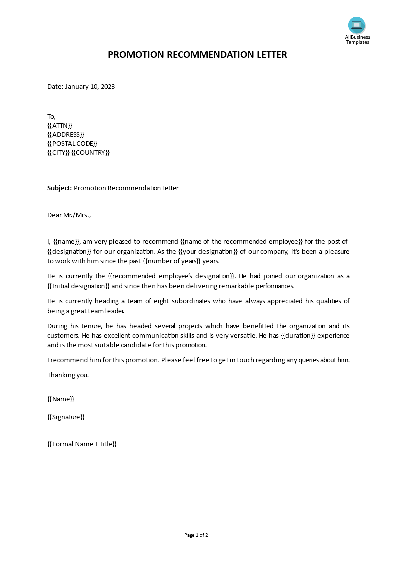 promotion recommendation letter voorbeeld afbeelding 