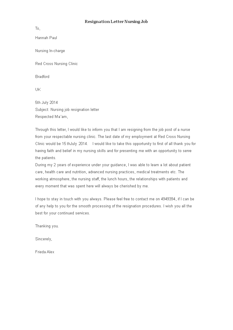 resignation letter nursing job template