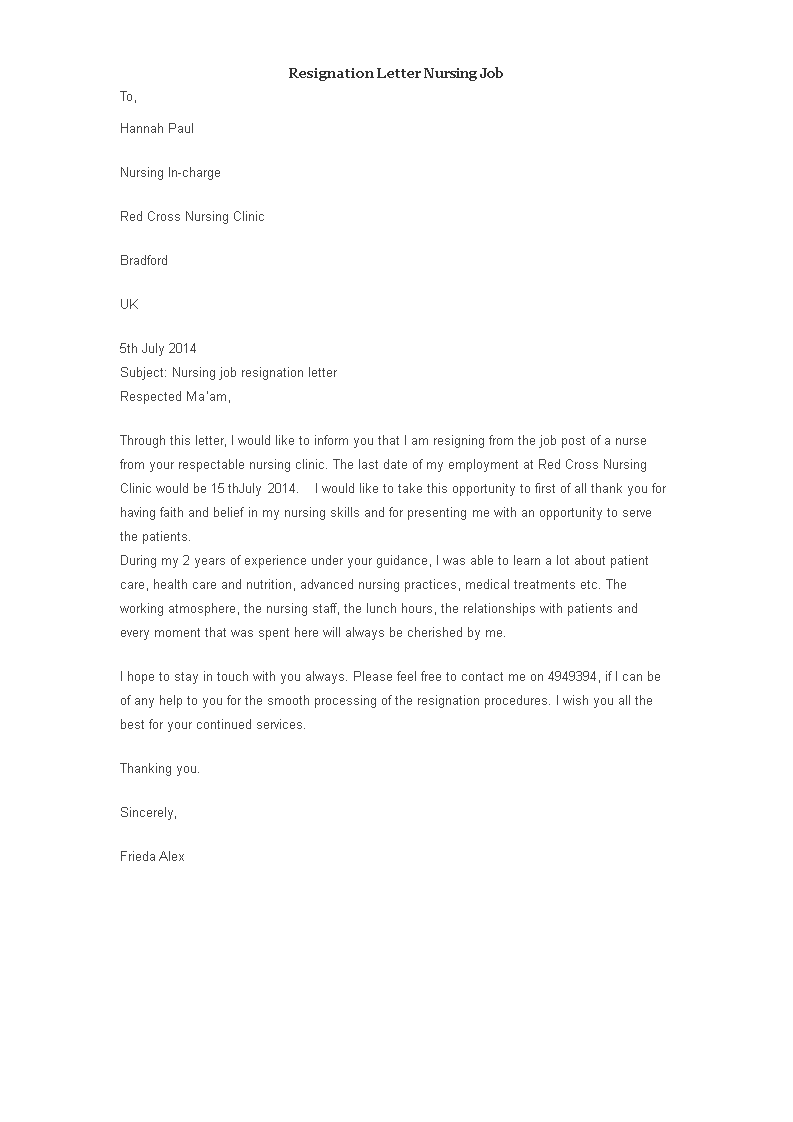 resignation letter nursing job modèles