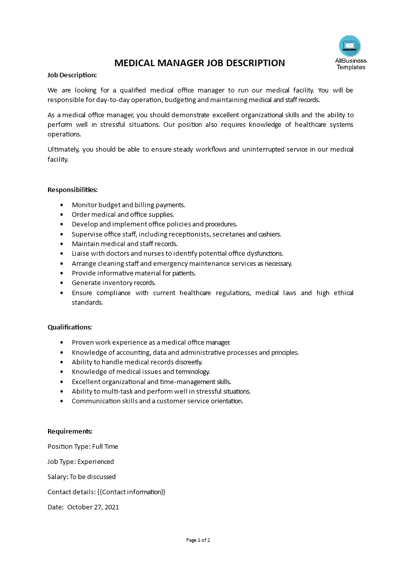 medical manager job description template