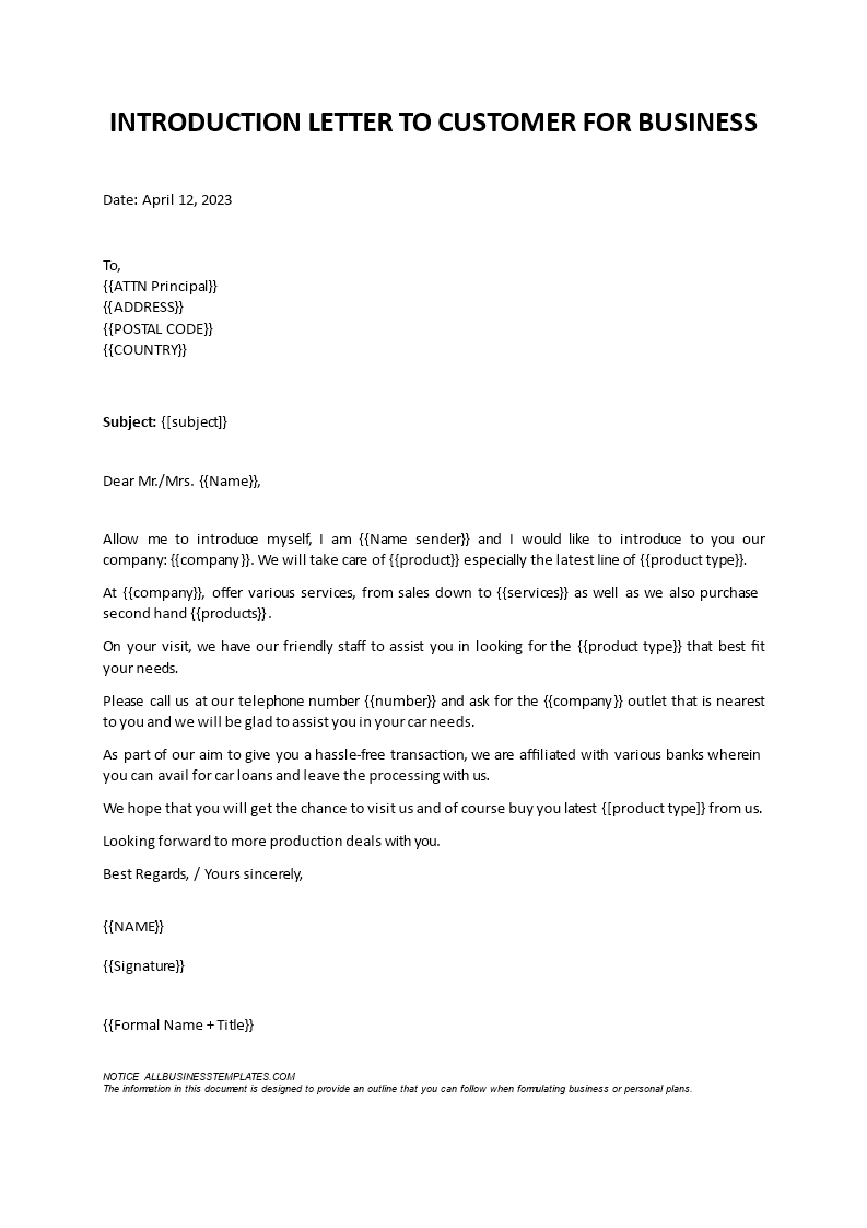 introduction letter to customer for business modèles
