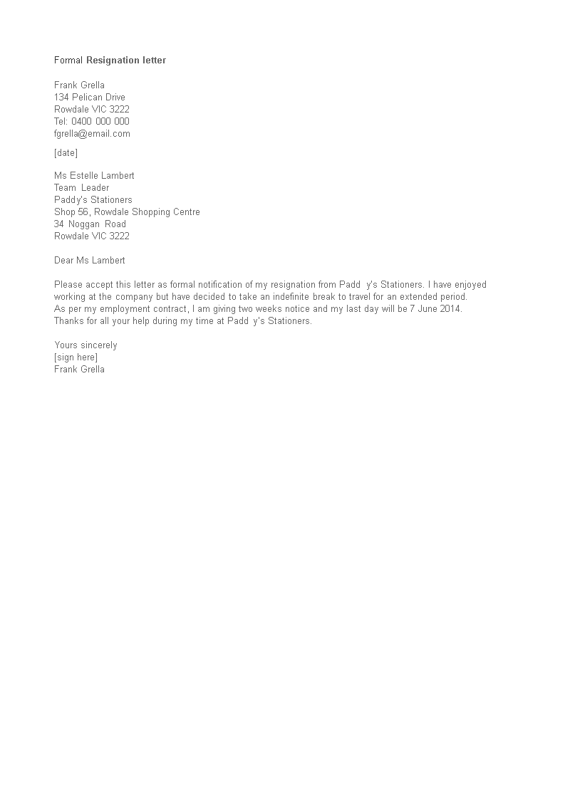 formal resignation letter with reason template template