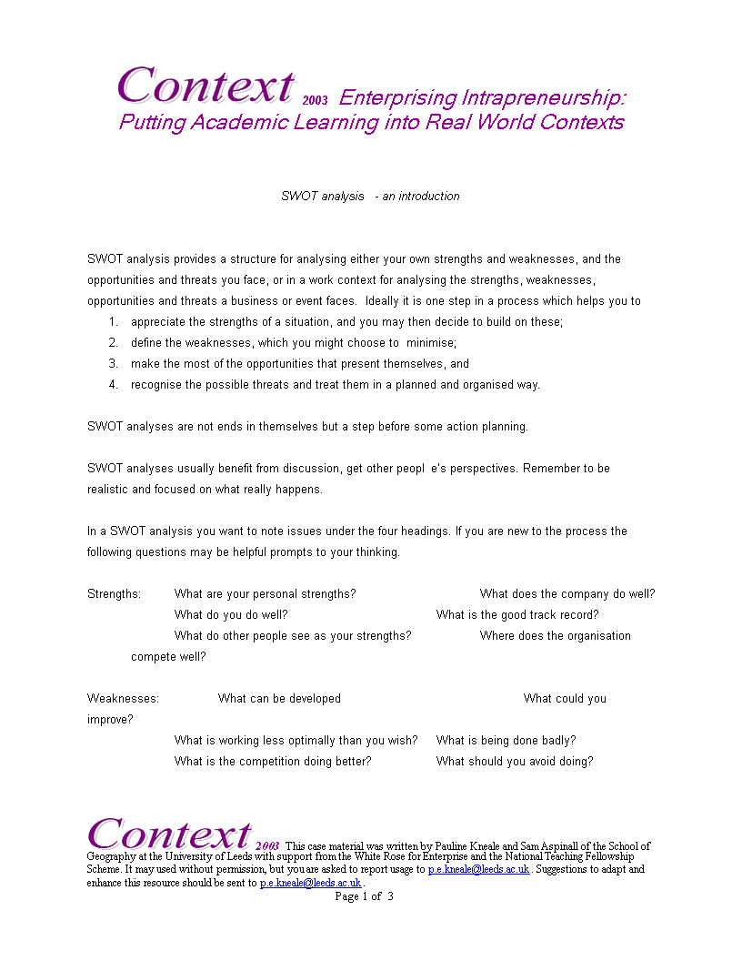 company swot analysis template