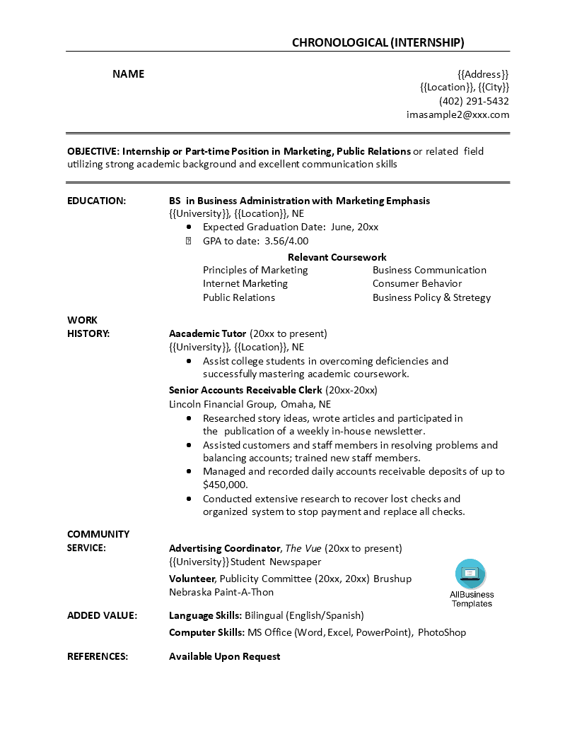 Internship Chronological Resume 模板