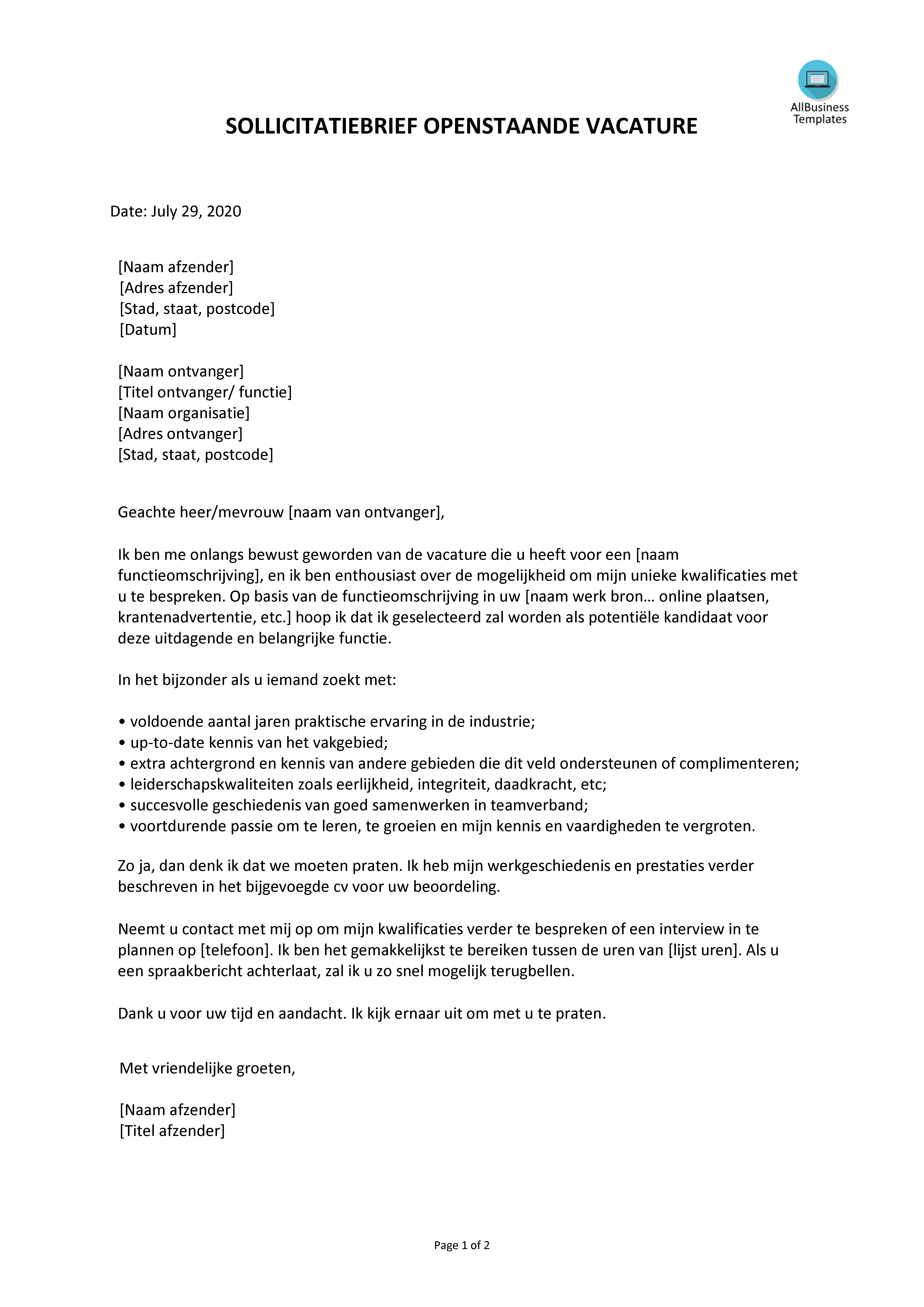 openstaande vacature sollicitatiebrief template voorbeeld afbeelding 