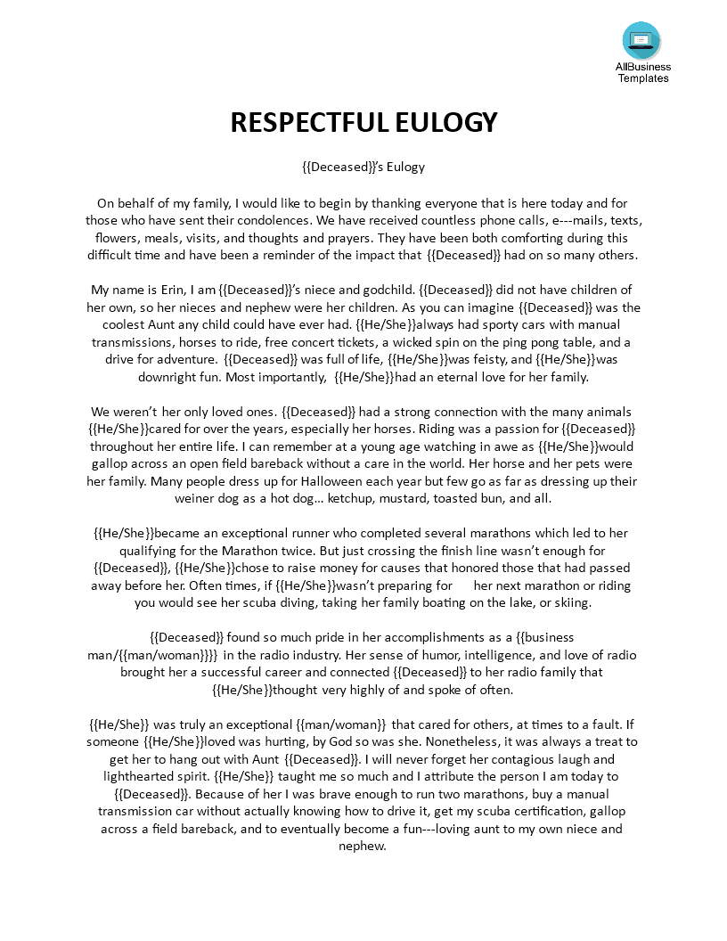 respectful eulogy template