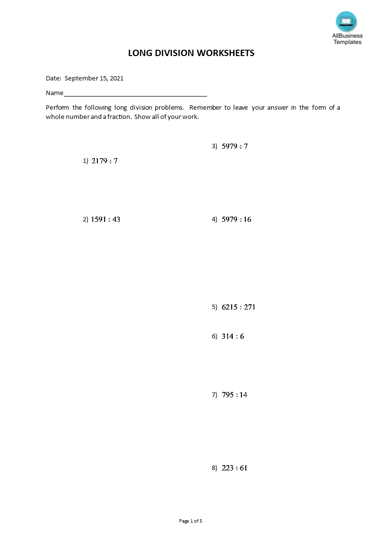 Long Division Worksheets main image