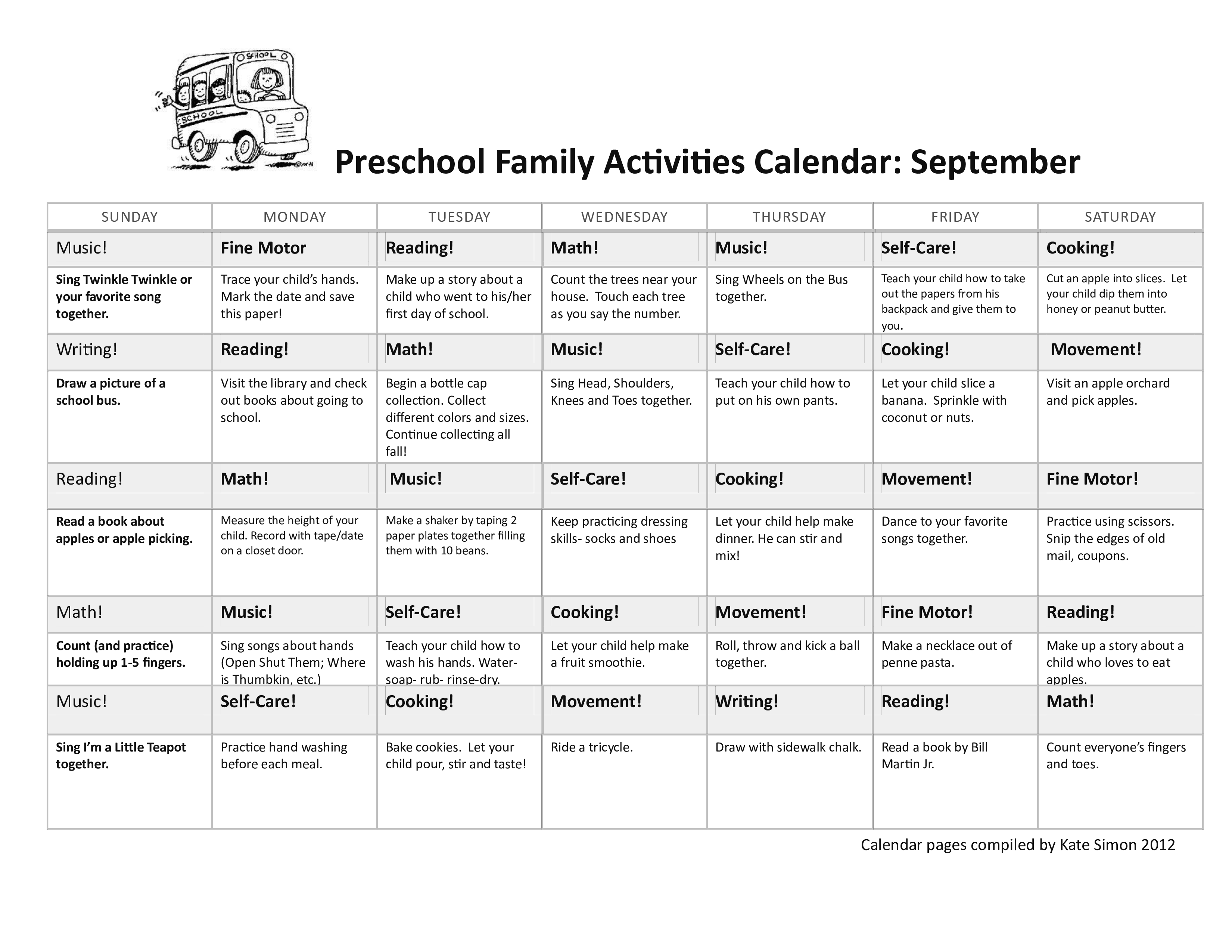 preschool monthly family activities calendar template