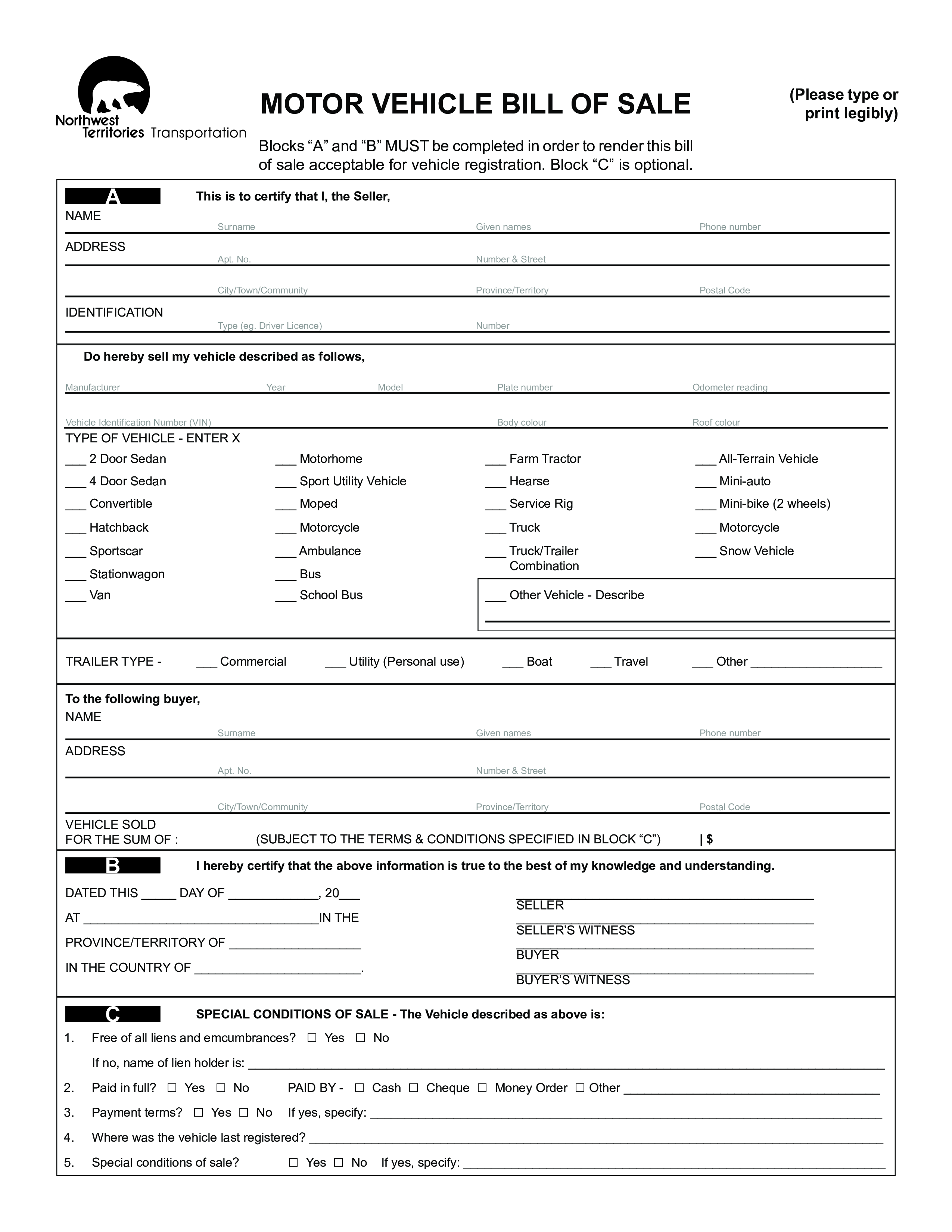 Motor Vehicle Bill Of Sale main image