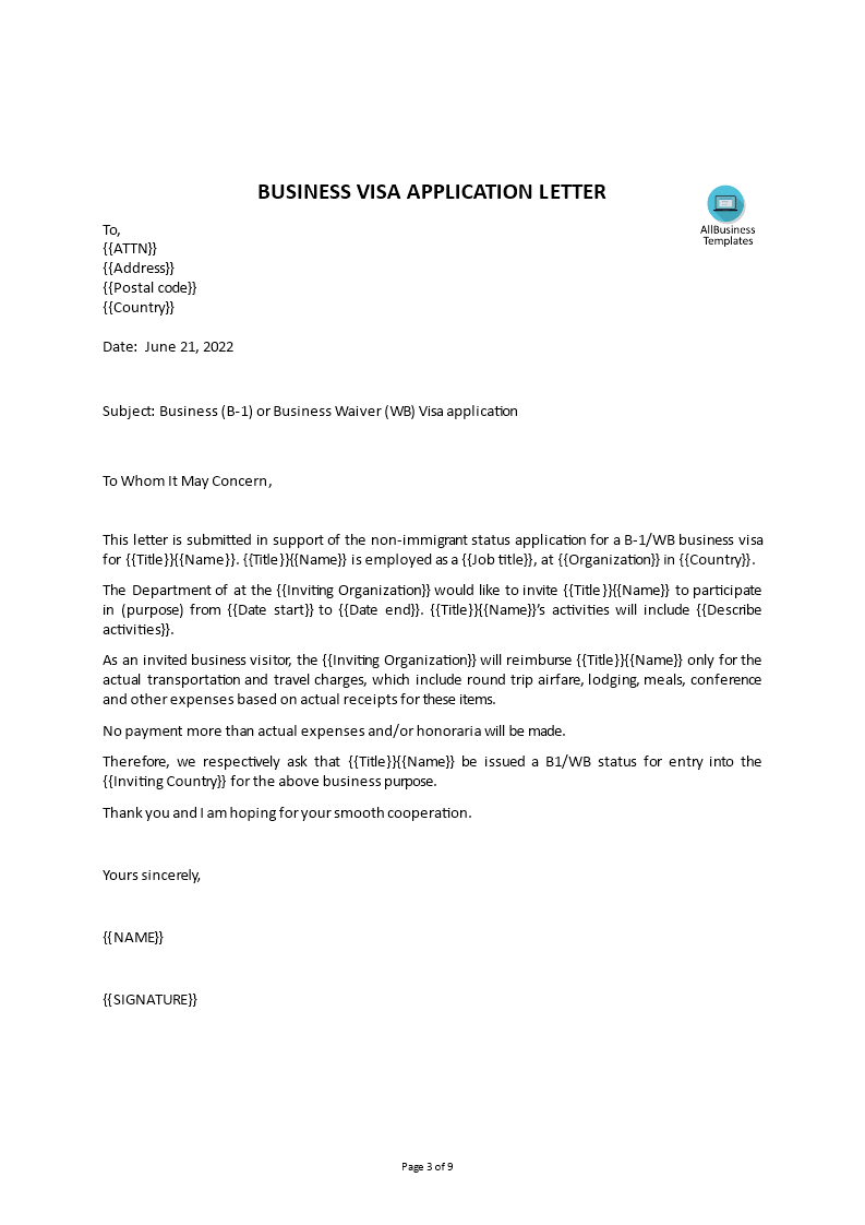 business visa application letter